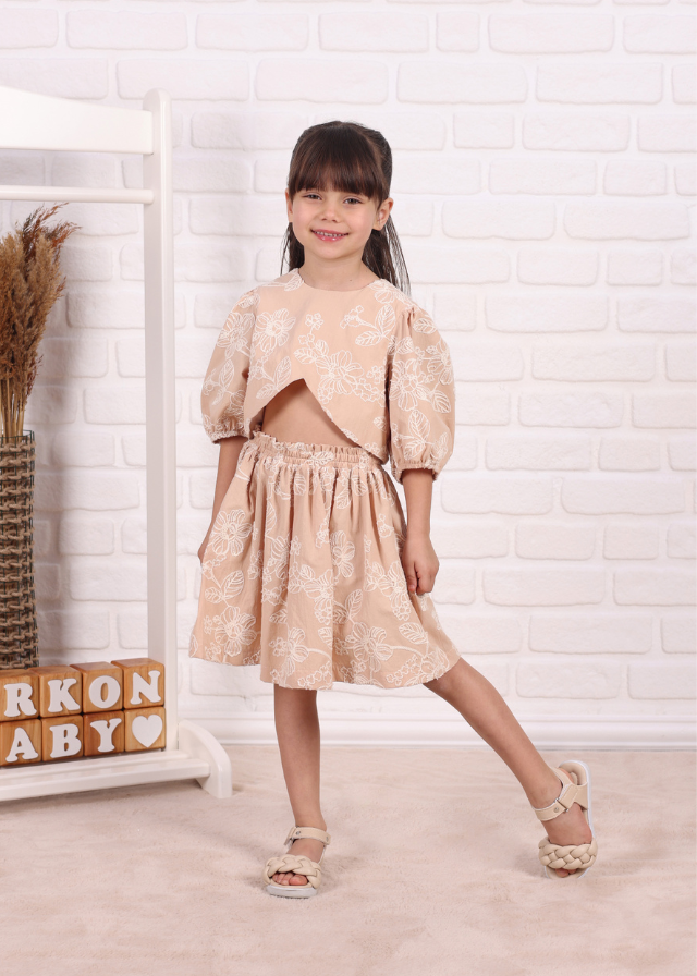 Set 2 Piese Bluza si Fusta Bej cu Broderie Crem 805 Connie Baby