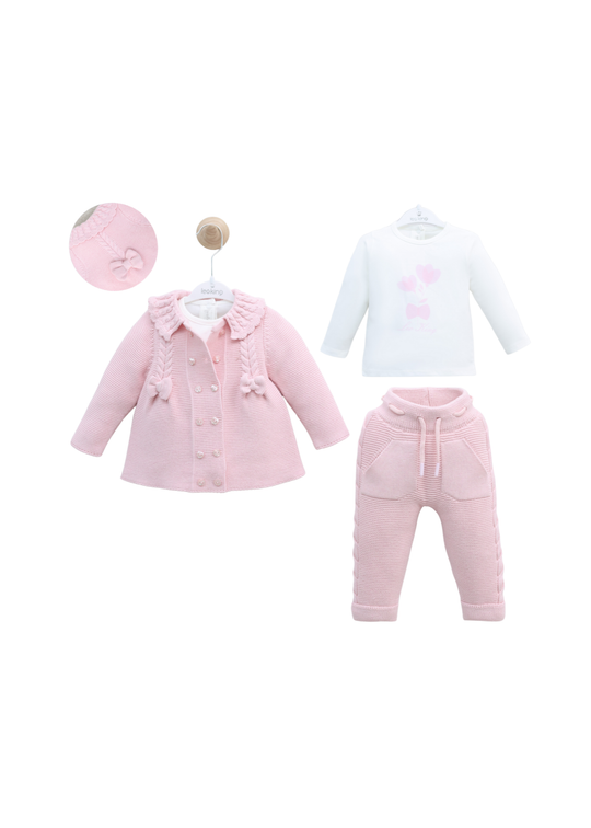 Set 3 Piese Jacheta si Pantaloni Tricotate Roz si Bluza Bumbac 8032 Leo King
