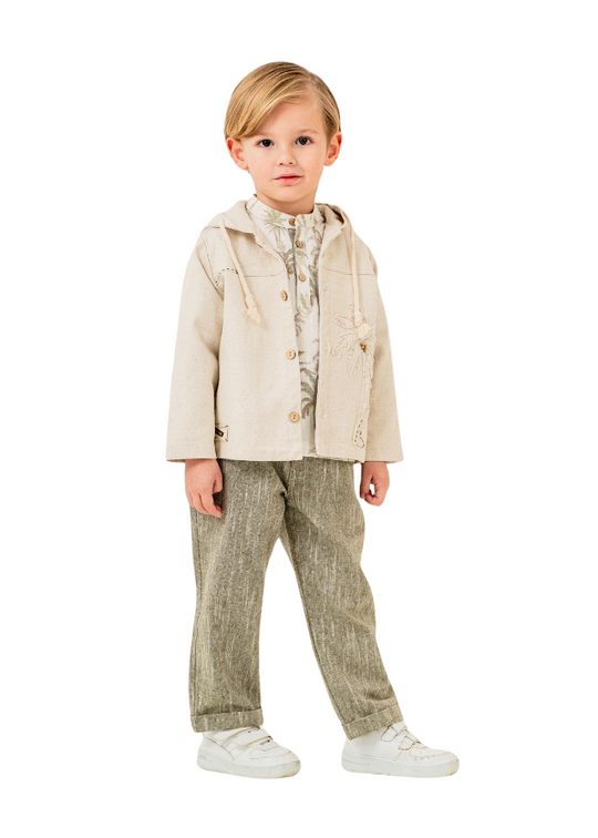 Set Baieti 3 Piese Jacheta Bej cu Gluga Camasa Bej cu Palmieri si Pantaloni Lungi Olive 6582 Hype&Grata