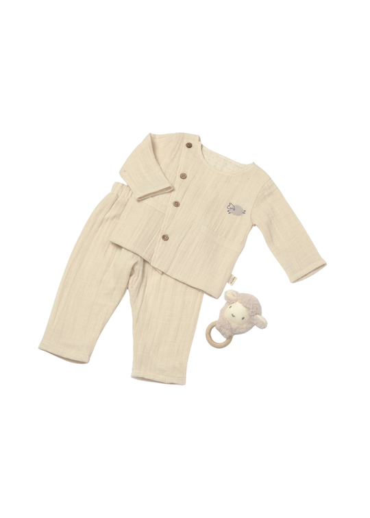 Set 2 Piese Muselina Bluza si Pantaloni Lungi Crem cu Oita CSYM7018 Baby Cosy