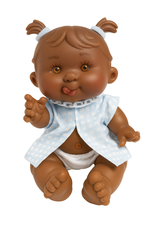 Papusa Parfumata cu Rochita Bleu Imprimeu Patratele Albe - 26 cm - 0444 - Nines