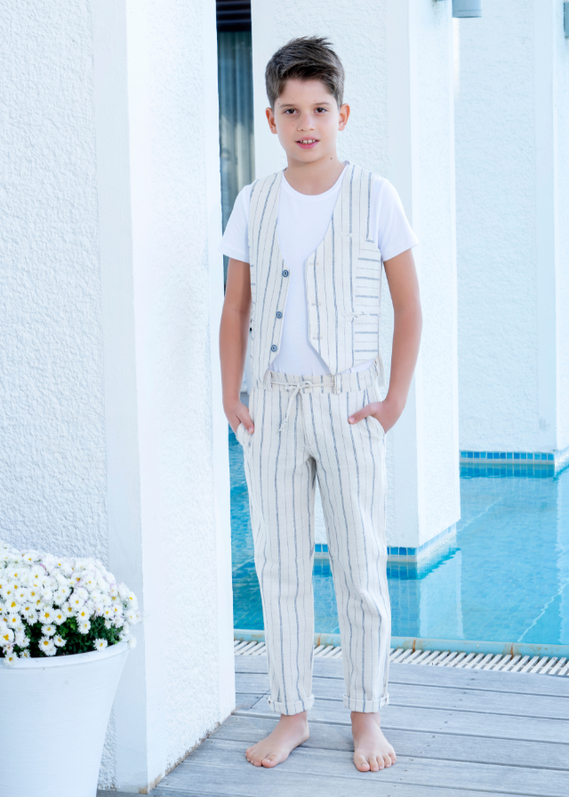 Costum Ceremonie 3 Piese Vesta si Pantaloni Bej cu Dungi Gri si Tricou Alb 20466 Little Gentleman