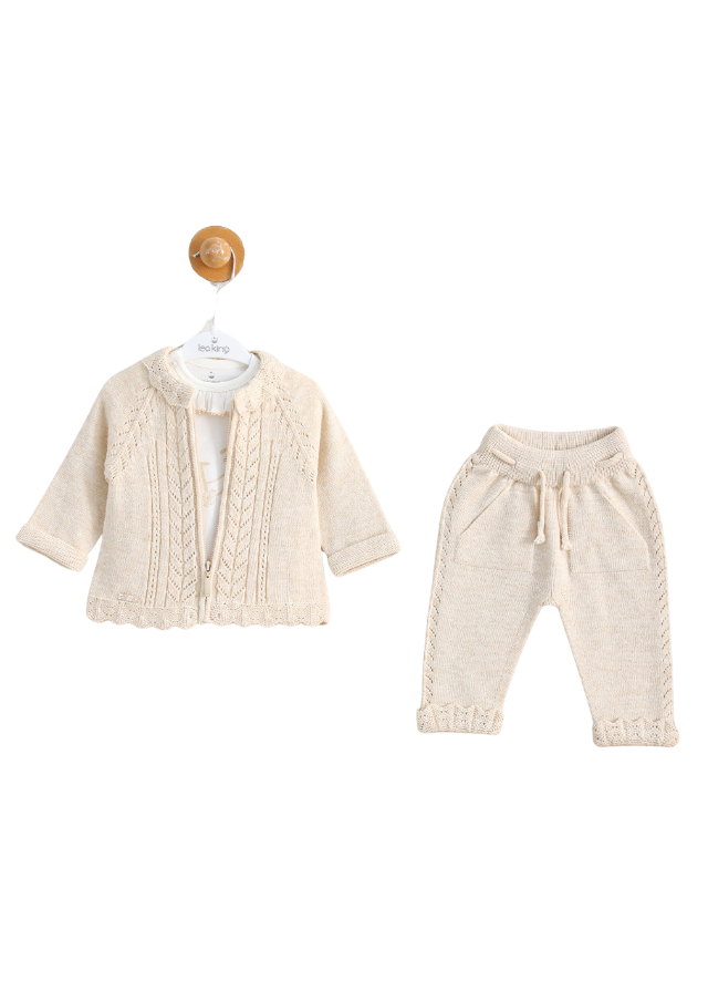 Set 3 Piese Bej Cardigan cu Fermoar si Pantaloni din Lana Merinos si Bluza din Bumbac 9586 Leo King