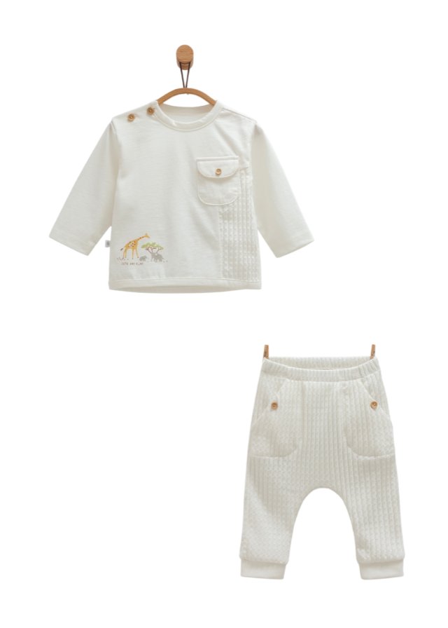 Set 2 Piese Bluza si Pantaloni Crem cu Imprimeu Animale Safari Time TKK1364 Mell Sweet Baby