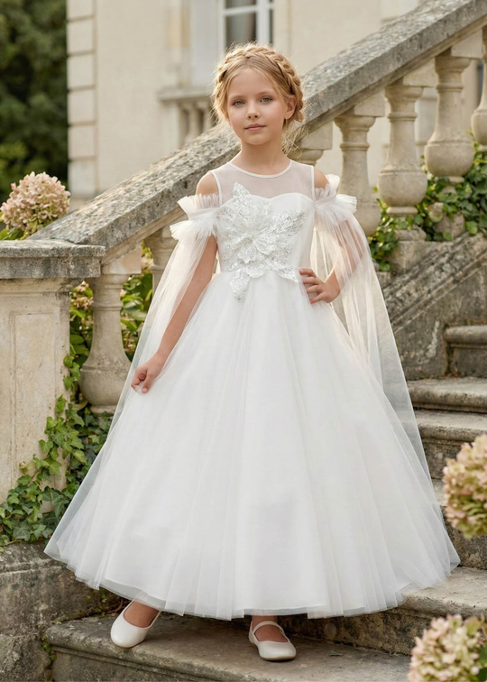 Rochie Ceremonie Lunga Ivory cu Detaliu Floare pe Bust 36139PR Pamina