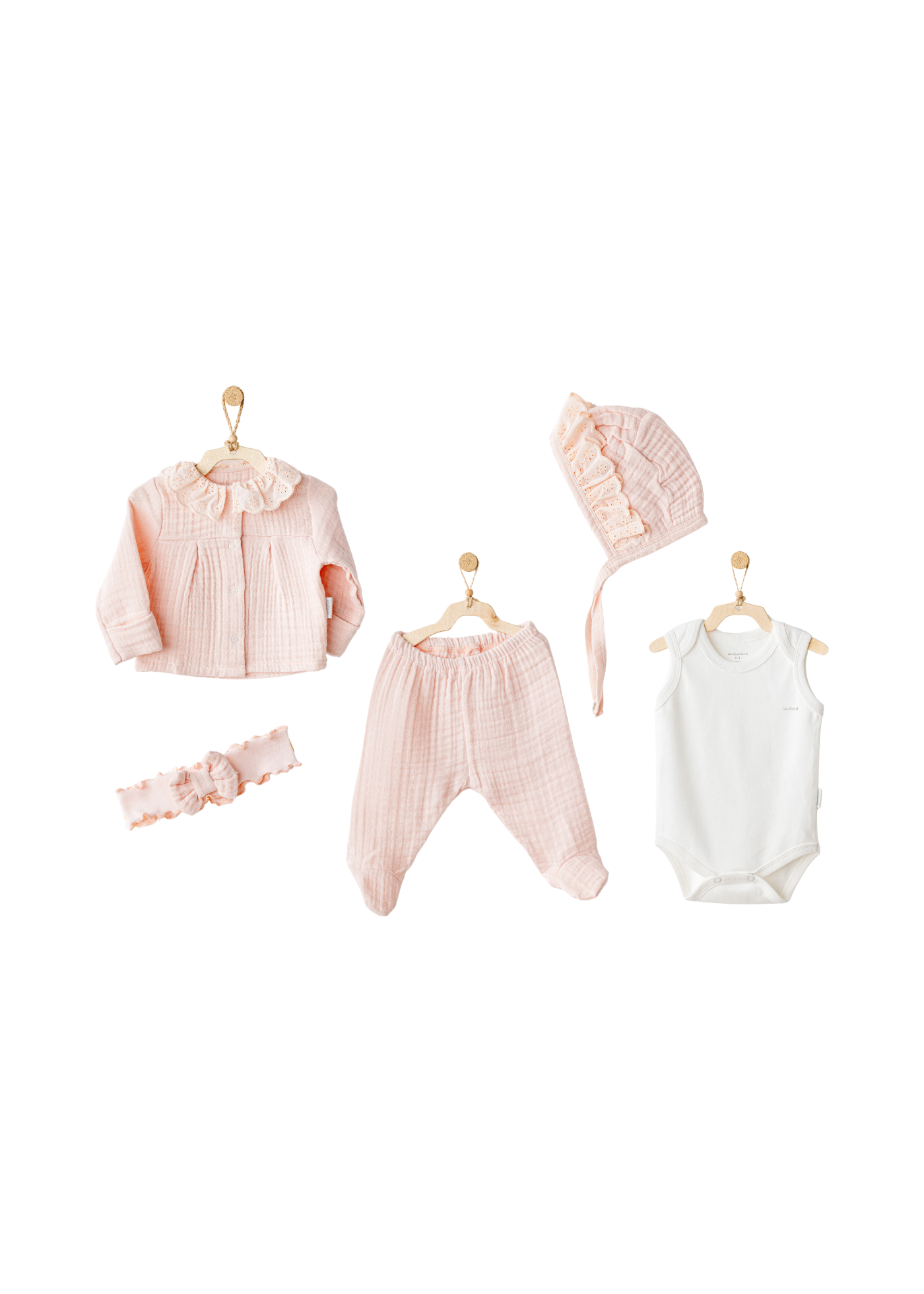 Set 5 Piese Nou Nascut Muselina Somon cu Dantela Bumbac AC25840 Andywawa