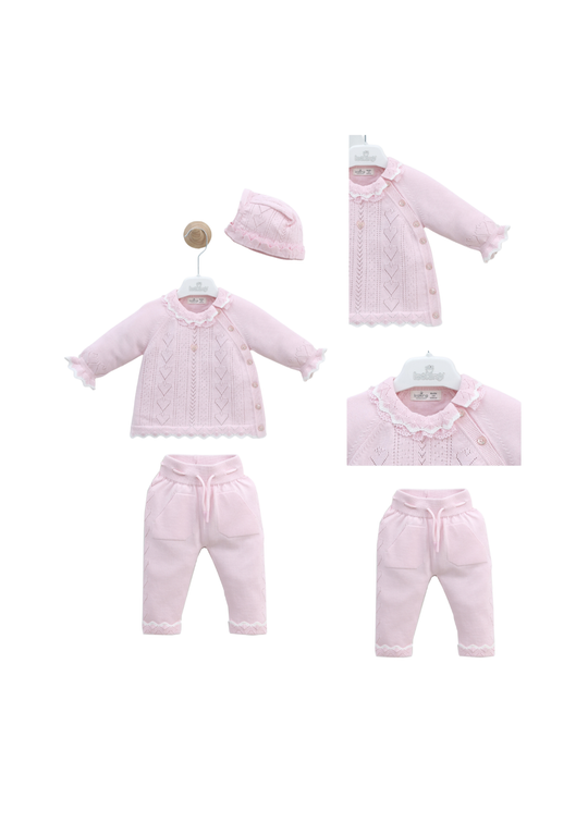 Set 3 Piese Tricotat Roz cu Alb 8553 Leo King