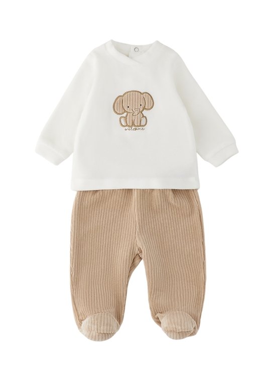 Set 2 Piese Bluza Velur Crem cu Elefant si Pantaloni Maro pentru Baieti 4.H002/00 – iDO