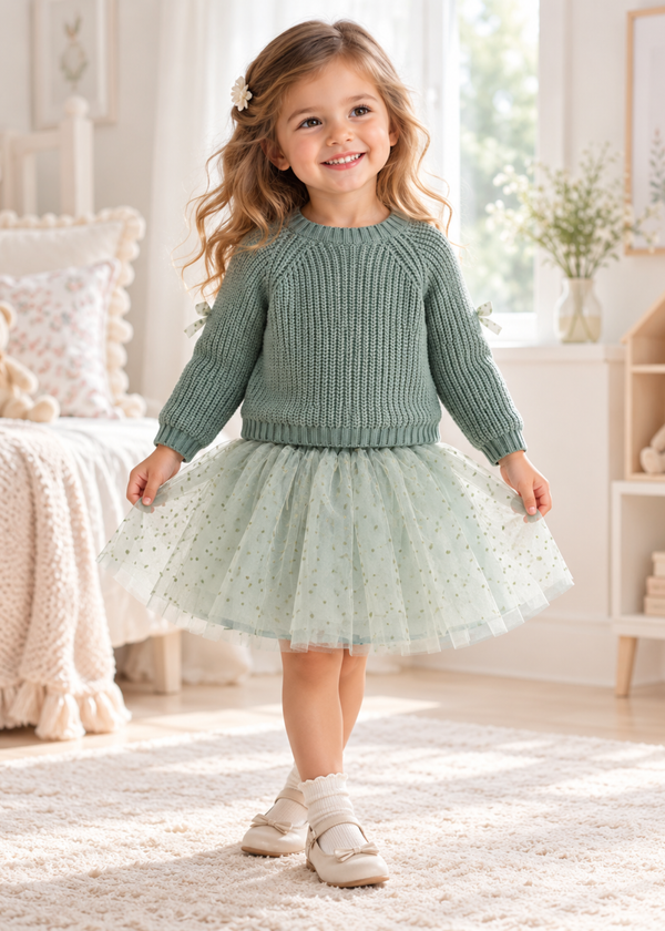 Set 2 Piese Pulover Tricotat Verde si Fusta din Tul cu Buline pentru Fete 3938 – MinoBaby