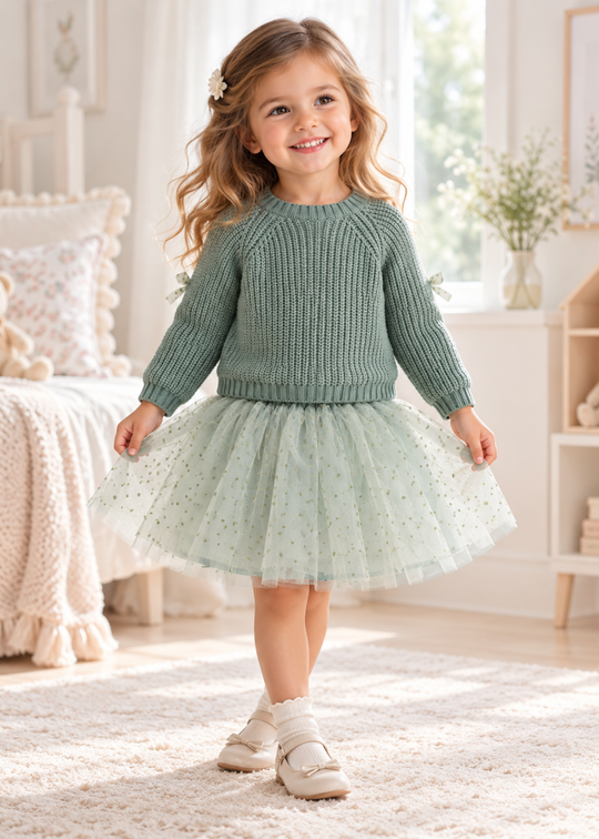 Set 2 Piese Pulover Tricotat Verde si Fusta din Tul cu Buline pentru Fete 3938 – MinoBaby