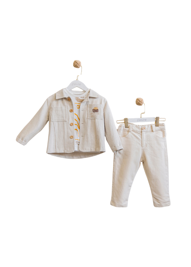 Set 3 Piese Camasa si Pantaloni Lungi Bej si Tricou Crem 3647 Mino Baby