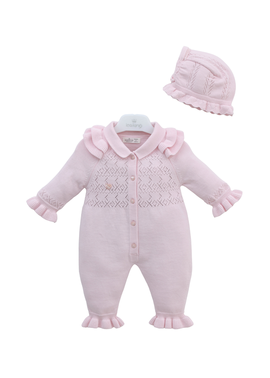 Set Salopeta Lunga Tricotata Roz cu Caciula 7470 Leo King