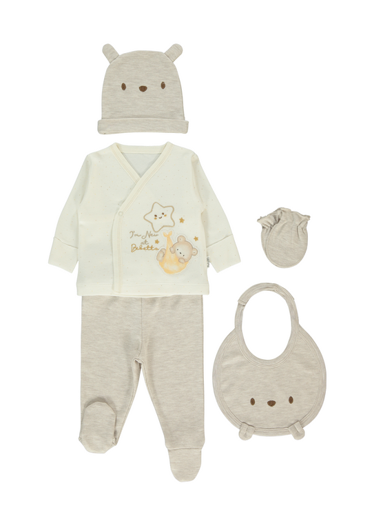 Set 5 Piese Nou Nascut Crem cu Bej cu Urs si Stea Z1062 Bebetto
