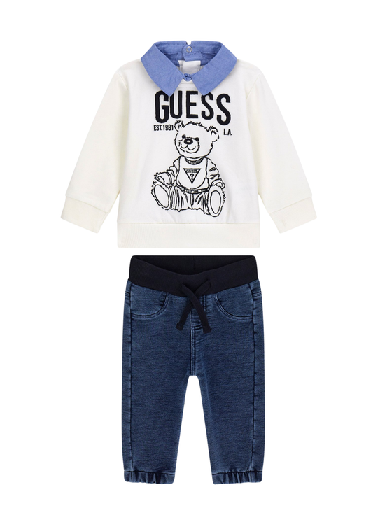 Set 2 Piese Bluza Crem cu Urs si Pantaloni Lungi Denim I6RG02 KA6R4 G018 Guess