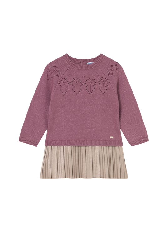 Dark Pink Knitted Dress with Gold Pleats 2908 Mayoral