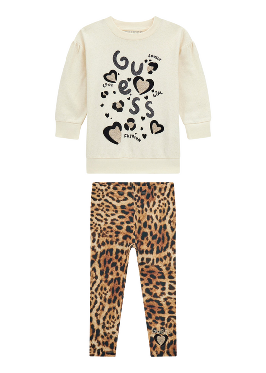 Set of 2 Cream Sport Blouse with Hearts and Leopard Print Tights Beige K4BG02 KCG14 P20I Guess