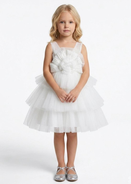 Ivory ceremony dress with tulle ruffles and floral bust appliqué art 3418 Mon Princess