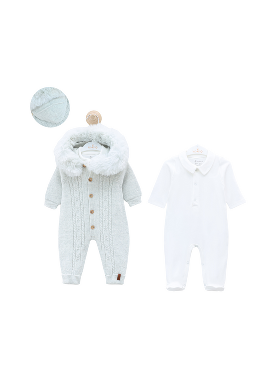 Set 2 Piese Combinezon Gri cu Lana Merinos cu Blana la Gluga si Salopeta Lunga Bumbac 9334 Leo King