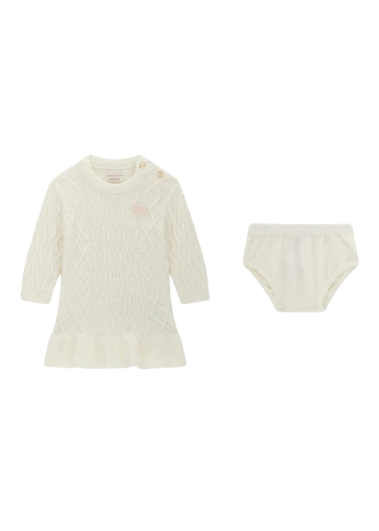 Set 2 Piese Tricotat Rochie cu Maneca Lunga si Chilot Crem pentru Fetite S6YG09 – Guess