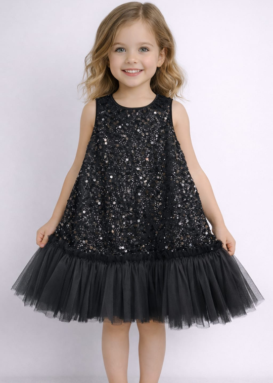 Black sequin ceremony dress with a straight cut and tulle ruffle art 3336 Mon Princess