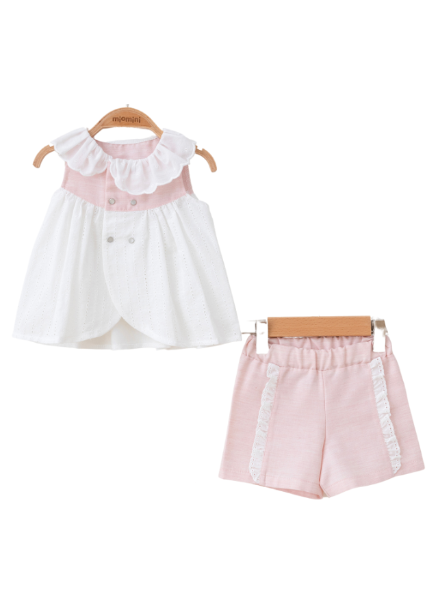 Set 2 Piese Top si Pantaloni Scurti Alb cu Roz cu Broderie din Bumbac 5545 MyMio