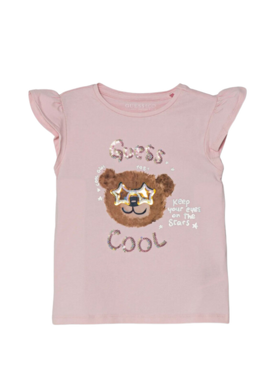 Pink T-shirt with Bear Detail and Sequins K5RI18 K6YW4 G65U Guess