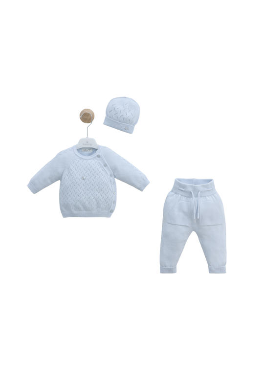 Set 3 Piese Tricotat Bleu Bluza, Pantaloni si Fes 8551 Leo King