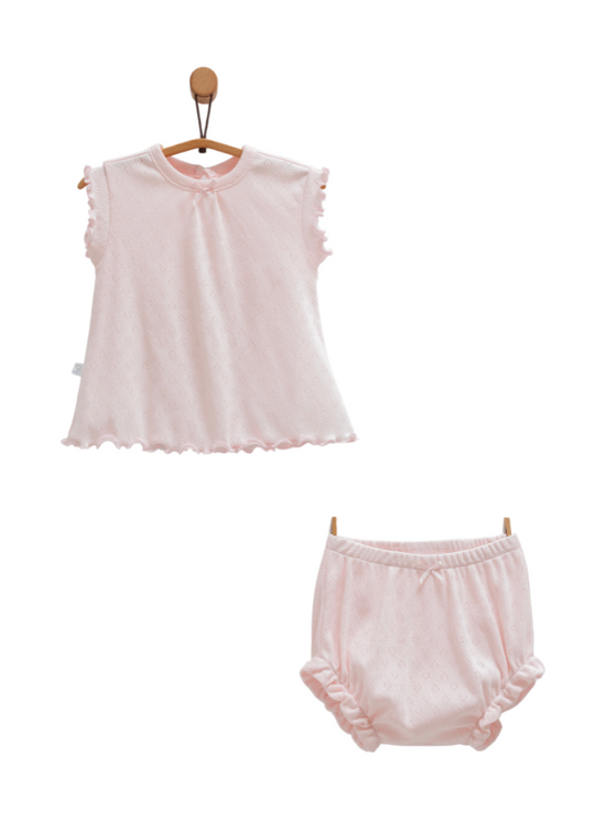 Set 2 Piese Roz Bumbac Perforat Top Maneca Scurta si Chilotel Move Girl TKK1681 Mell Sweet Baby