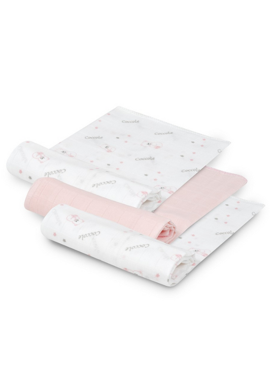 Set of 3 White Muslin Diapers with Pink Teddy Bear Print 55x70 cm 98978-02 Don Algodon
