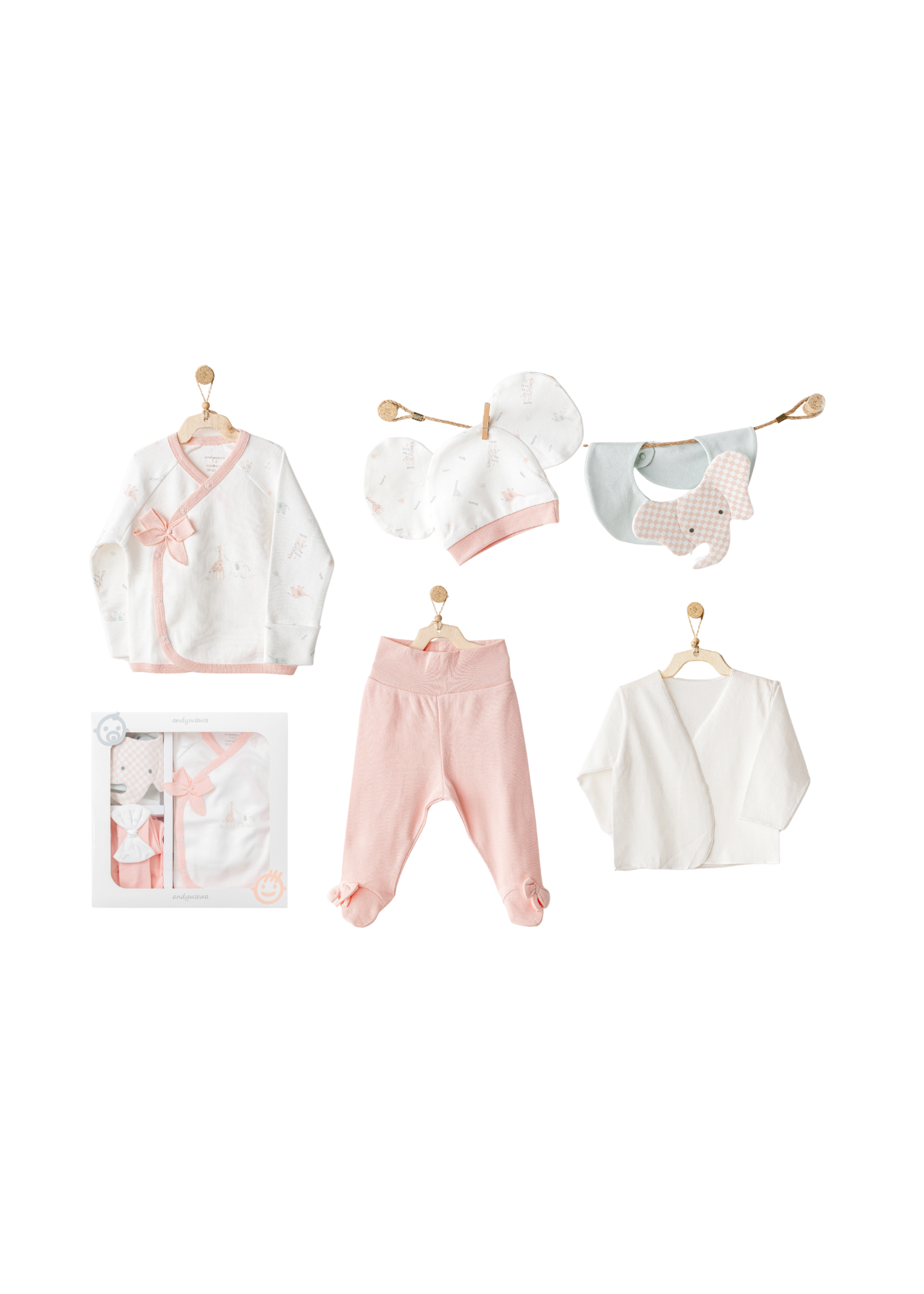Set 5 Piese Nou Nascut Crem cu Roz cu Elefant AC25500 Andywawa