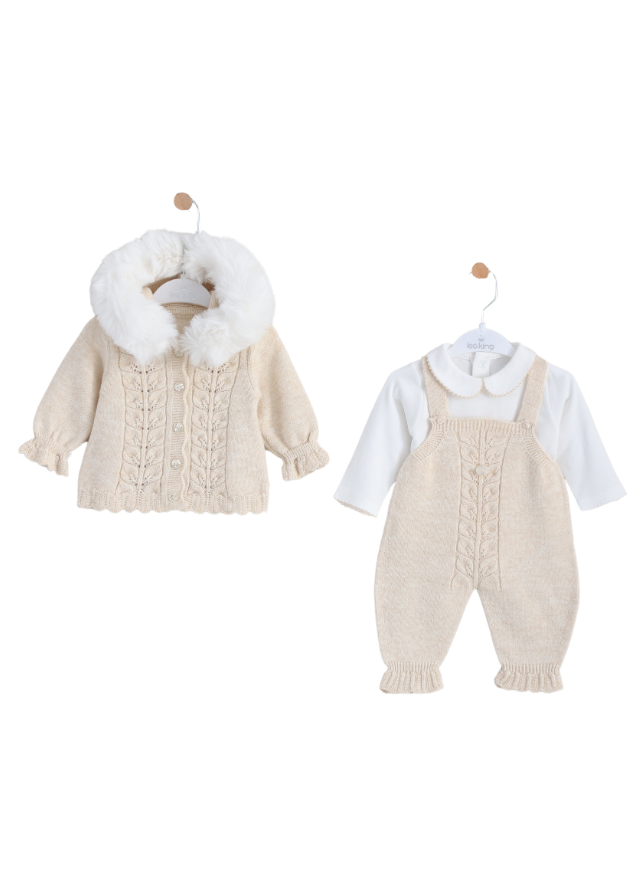 Set 3 Piese Salopeta Bej Lana Merinos Cardigan si Body din Bumbac Alb 9333 Leo King