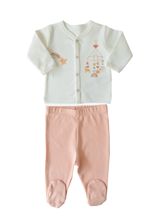 Set 2 Piese Crem cu Portocaliu cu Stea Bluza si Pantaloni Bumbac Organic S59140 Kitikate