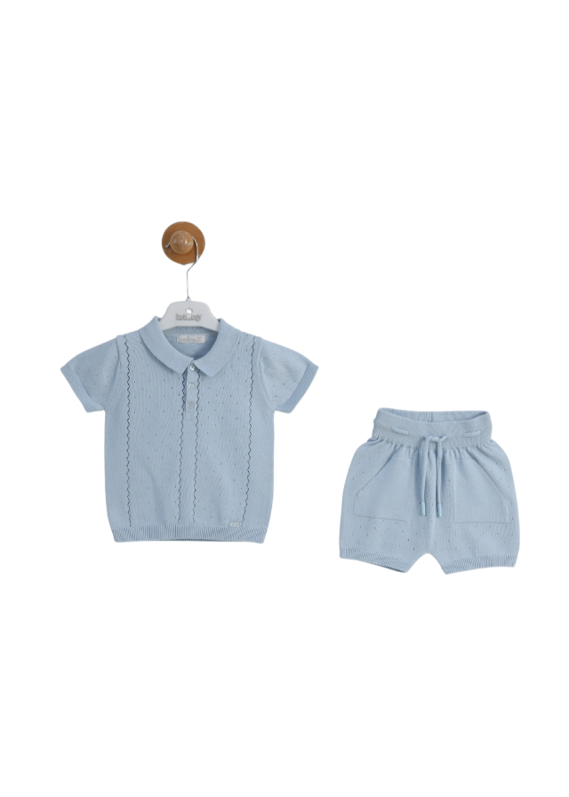 Set 2 Piese Tricotat Bleu Bluza cu Maneca Scurta cu Guler Polo si Pantaloni Scurti 8156 Leo King