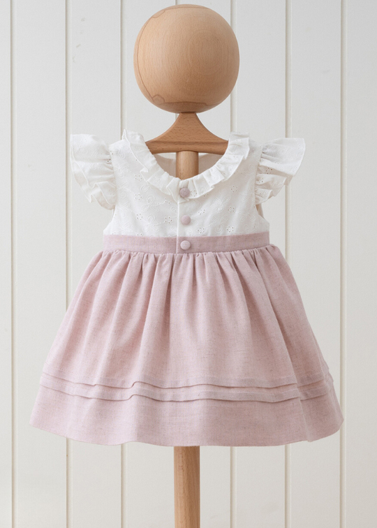 Ivory Bust Dress in Cotton Sparta Embroidery with Buttons and Powder Pink Skirt 561 MyMio