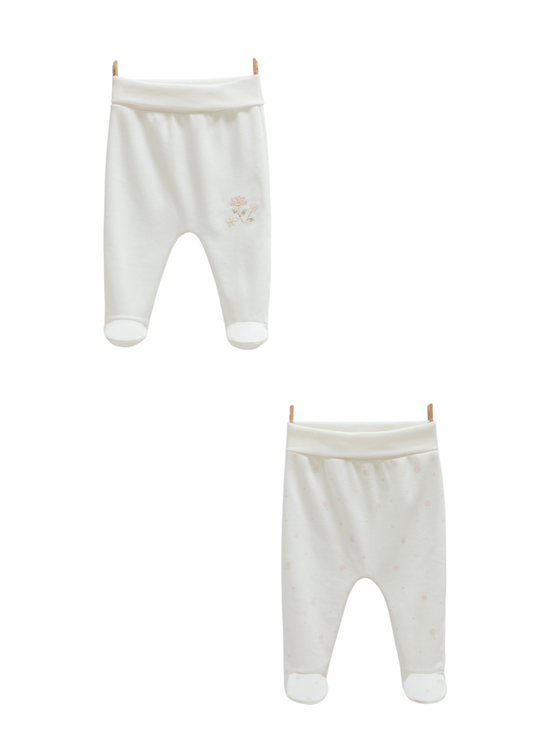 Set 2 Perechi de Pantaloni din Bumbac cu Picior Crem cu Flori APK1485 Mell Sweet Baby