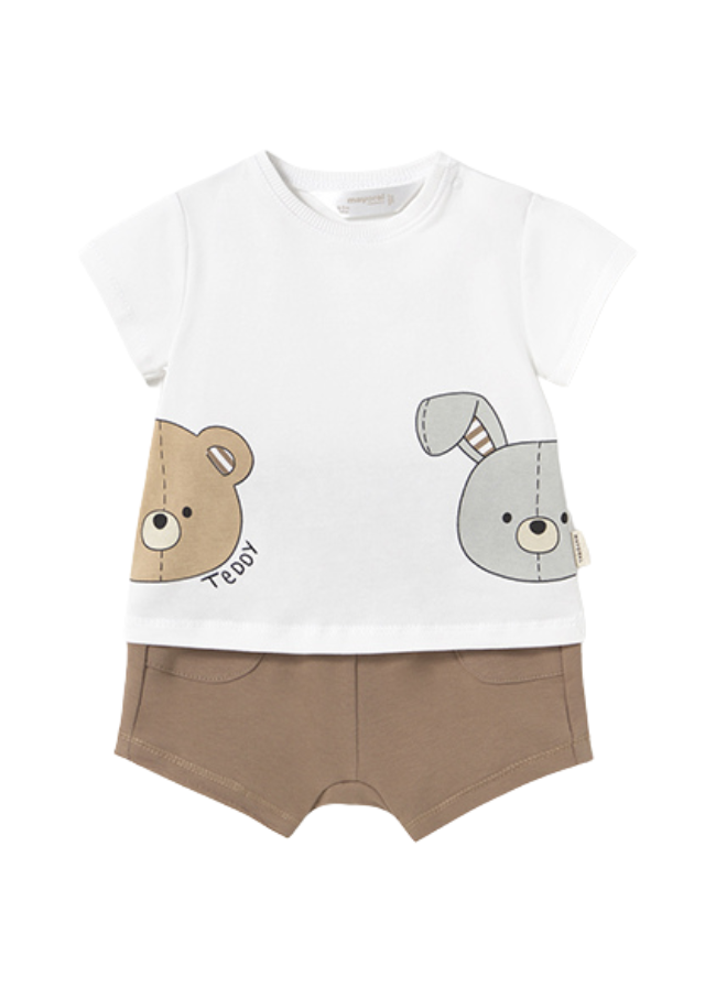 Set 2 Piese Tricou Alb cu Imprimeu Urs si Iepure si Pantaloni Scurti Maro 1206 Mayoral