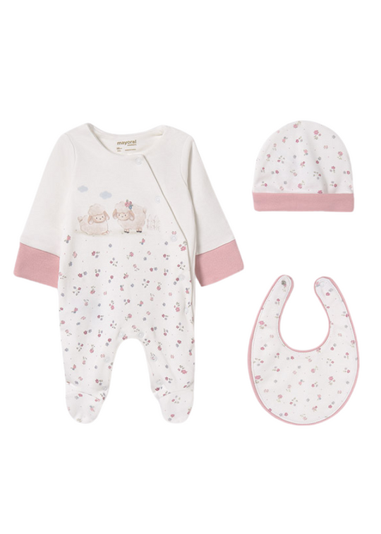 Gift Set 3 Pieces Long Jumpsuit Cream with Pink with Bib and Fes 9516 col 16 Mayoral