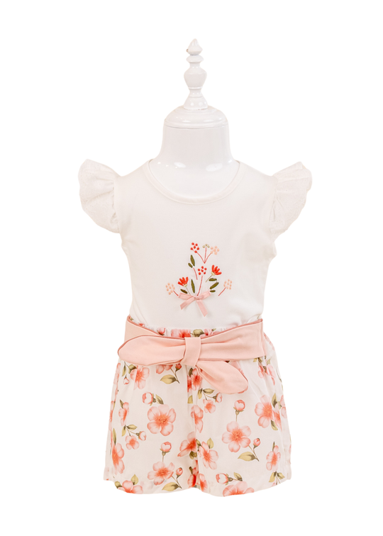 Set 2 Piese Tricou Ivory cu Flori si Pantaloni Scurti Imprimeu Flori 16889 Bebus