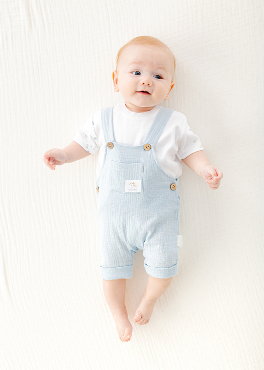 Set 2 Piese Salopeta Scurta din Muselina Bleu si Tricou Alb AC25621 Andywawa