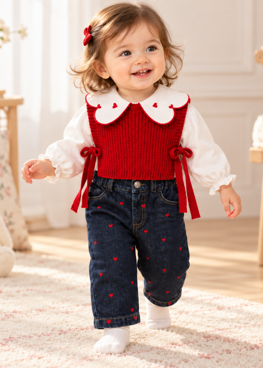 Set 3 Piese cu Camasa Alba, Vesta Tricotata Rosie si Blugi cu Inimioare pentru Fetite 3960 – MinoBaby