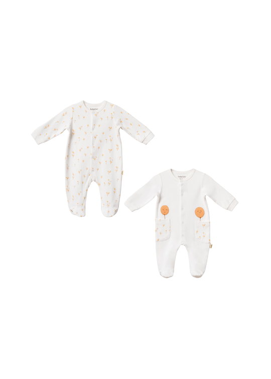 Set 2 Salopete Lungi din Bumbac Organic Crem cu Baloane Portocalii CSY3057 Baby Cosy