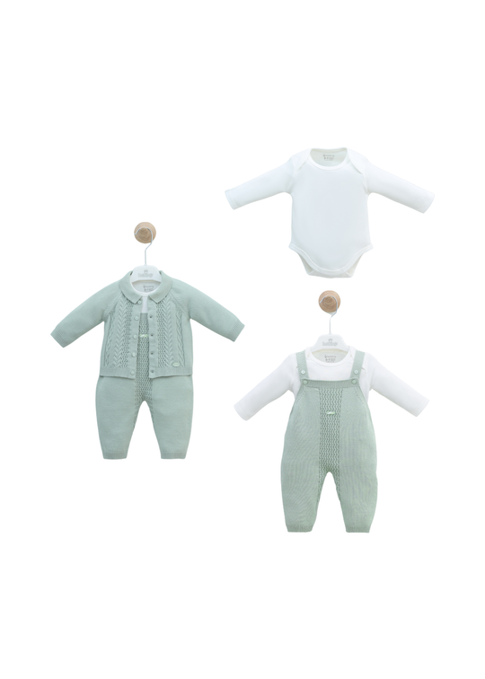 Set 3 Piese Salopeta Lunga si Cardigan Tricotat Verde si Body din Bumbac 7457 Leo King