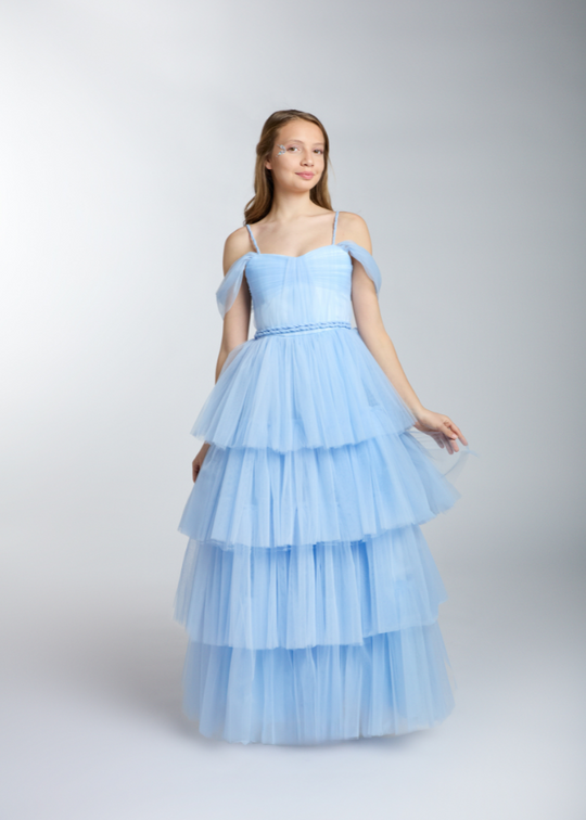 Rochie Eleganta pentru Ceremonie Bleu din Tulle cu Volane 10-15 Ani 5517 Kanilla