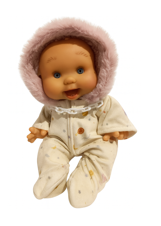 Papusa Parfumata cu Salopeta cu Gluga Crem Imprimeu Balonase cu Aer - 26 cm - 0439 - Nines