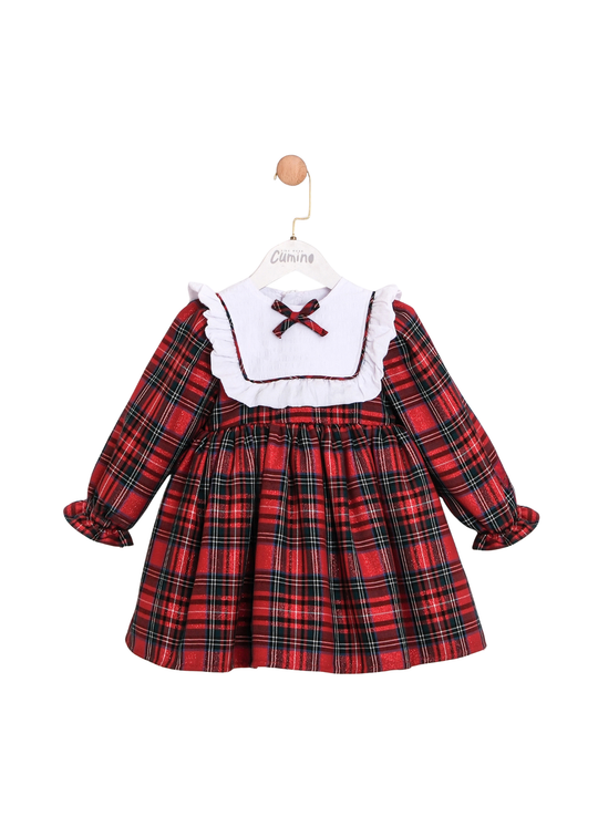 Rochie cu Maneca Lunga Rosie Ecosez cu Sclipici 3767 Mino Baby