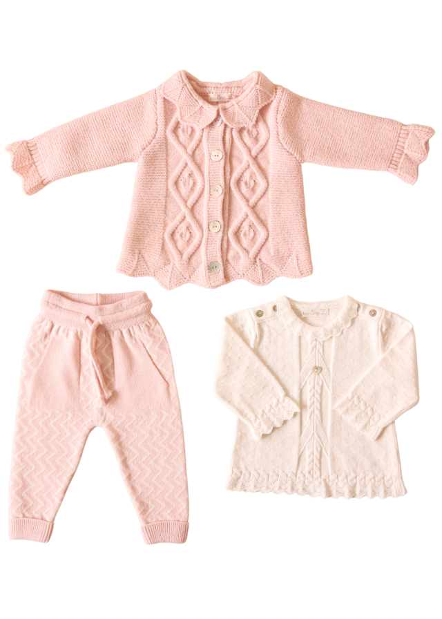 Set 3 Piese Cardigan Roz si Pantaloni din Lana Merinos Bluza din Bumbac Crem 9528 Leo King