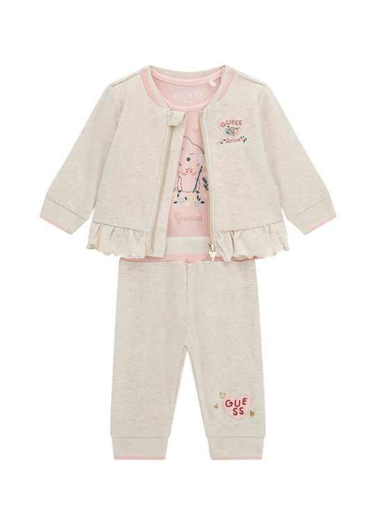 Trening 3 Piese Bluza si Pantaloni Bej si Body Roz cu Maneca Scurta S5YG05 K6YW4 G6R1 Guess