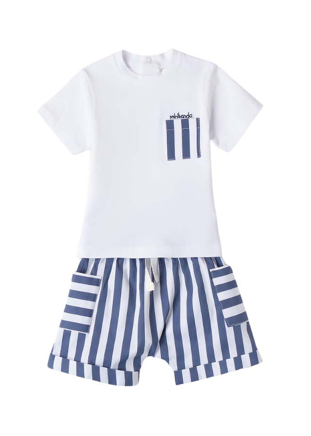 AnneBebe - Set 2 Piese, Tricou Alb cu Maneca Scurta si Pantaloni Scurti cu Dungi Bleumarin 8613 Minibanda