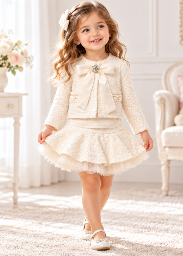 Set 3 Piese Jacheta Scurta din Stofa Buclé Crem cu Funda, Fusta cu Tul si Bluza pentru Fetite 3901 – Mino Baby