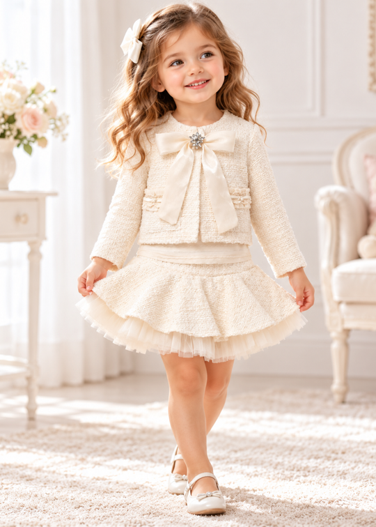 Set 3 Piese Jacheta Scurta din Stofa Buclé Crem cu Funda, Fusta cu Tul si Bluza pentru Fetite 3901 – Mino Baby